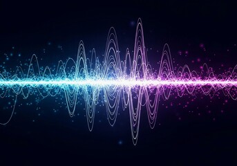 A minimalistic neon composition showing flowing cyan and magenta waves across a deep navy background. Subtle glowing dots enhance the depth and futuristic tone. The lines form a rhythmic digital patte