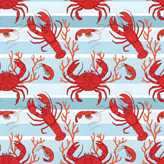 Seamless Pattern Oceanic Seafood Extravaganza: A vibrant illustrated pattern showcases an array of aquatic delights. A striking tableau of crustaceans and aquatic life, inviting a dive into the deep.