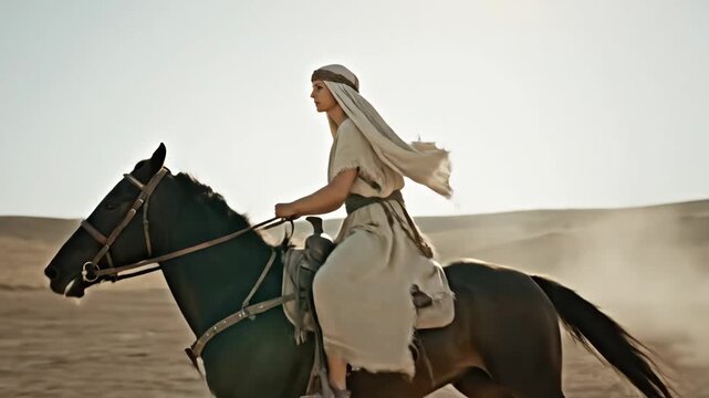 Woman riding horse through desert, ancient biblical times, long journey through arid landscape, christianity footage.