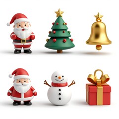 Festive Christmas Icons Santa Claus, Snowman, Decorated Tree, and Gift Box on White Background