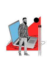 Composite trend artwork sketch image photo collage of businessman laptop workspace stand pencil...