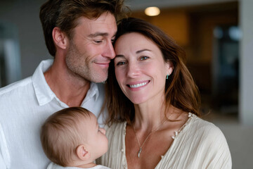 Fototapeta premium A happy family captures a precious moment together with a baby, showcasing warmth and love in their expressions and emphasizing the beauty of family bonds.