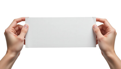 Two Hands Holding Blank White Horizontal Paper Card or Postcard Isolated on White Background for Mockups, Messages, and Copy Space