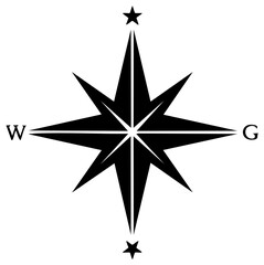 Obraz premium Black and white compass rose with directional stars and letters W G for navigation.