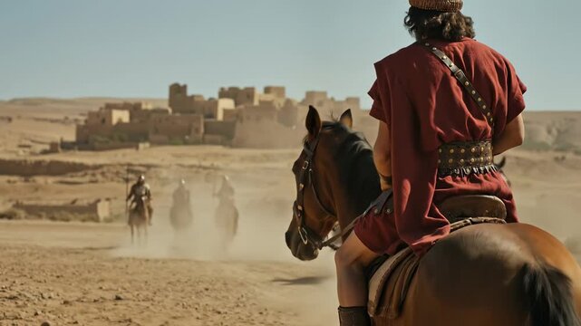 Man in ancient biblical attire riding horse toward desert village with other horsemen in ancient times footage