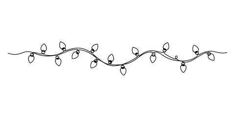 Continuous one line of gently curving Christmas lights, style hand drawing vector illustration.