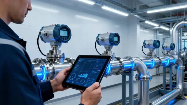 Closeup medium shot of a technician using a tablet to remotely monitor computerized valves regulating industrial gas pipelines in a hightech facility.