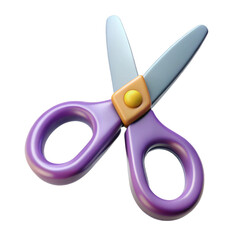 Detailed 3d render of purple scissors with yellow rivet isolated on black transparent background