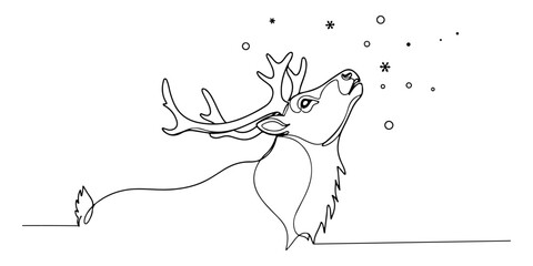 Naklejka premium Continuous one line of reindeer looking at the falling snow, style hand drawing vector illustration.
