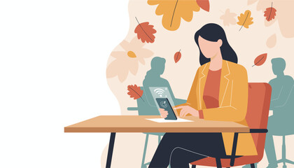 Professional woman using phone with WiFi signal in a shared workspace during autumn