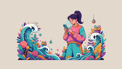 Colorful illustration of a woman texting with a smartphone amid swirling waves plants and presents