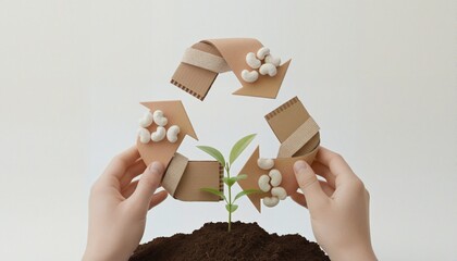 Sustainable Recycling Concept with Plant and Cardboard Arrows for Environmental Awareness
