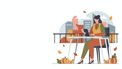 Remote worker using a tablet on an autumn city patio Fall business and digital lifestyle concept