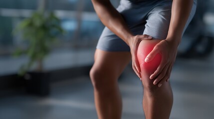 Athlete holding leg with digital overlay of highlighted red pain area, emotion of struggle and focus visible, representing sports rehabilitation, muscle recovery, and physical performance