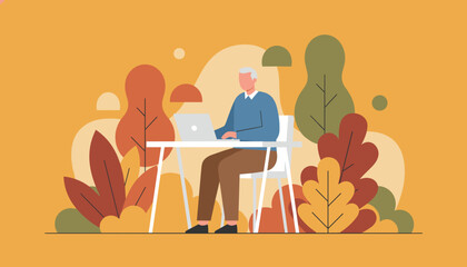 Senior man working on laptop outdoors Remote business freelance and technology integration