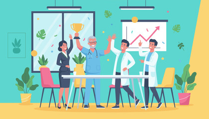 Successful medical team celebrating excellence and business growth with a trophy