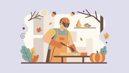 Welder works in an industrial autumn setting Manufacturing skilled labor and seasonal design concept