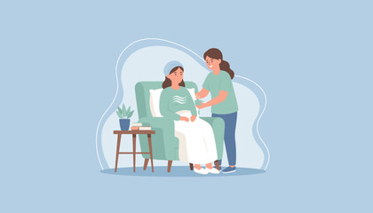 Woman caring for a patient or friend offering a hot drink in a supportive home recovery setting