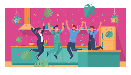 Fototapeta premium Four celebrating professionals jumping with joy and confetti in a bright modern kitchen