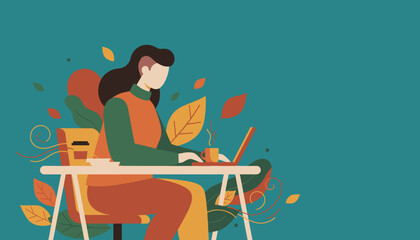 Autumn productivity Woman freelancer typing on laptop with a warm drink and fall foliage