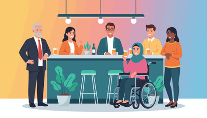 Inclusive group of diverse colleagues socializing and drinking at a bar counter