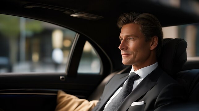 VIP client seated comfortably in the back of a luxury sedan while professional driver navigates city streets with precision, symbolizing business-class transportation, privacy, punctuality, and