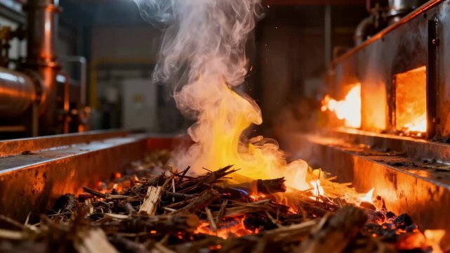 Detailed medium shot of smoke and vapor swirling above biomass in gasifier highlighting chemical changes during the gasification process.