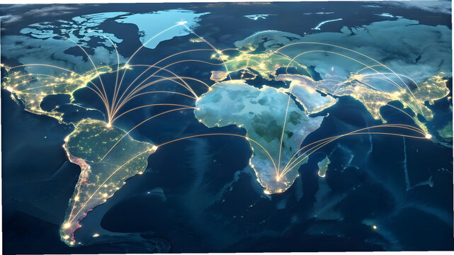 Glowing world map with interconnected light lines showing global connections and trade routes full hd 4k stock image download