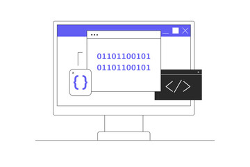 Compiler programming. Software development. Machine language. Programming. Data filtering. Flat Cartoon Vector Illustration, icon Stylish abstract design landing page web