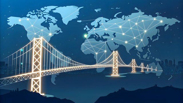Glowing suspension bridge connects continents on world map with network lines full hd 4k stock image download