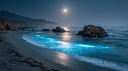Mystical Ocean Scene with Glowing Bioluminescence and Moonlight Reflecting on Water Surface