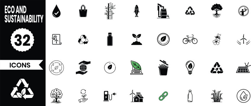 Collection of 32 eco friendly and sustainability icons for environmental protection and green living