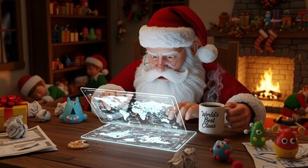 Santa claus using a holographic map to plan his christmas deliveries
