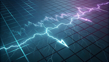 Electric blue and purple lightning strikes across a digital grid with waveform patterns full hd 4k stock image download