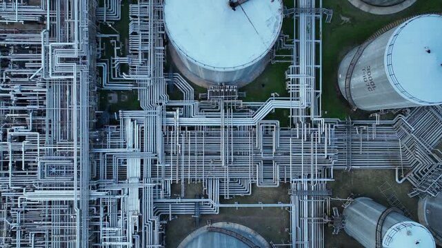 Aerial top view of oil and gas petrochemical storage tank and pipeline steel, Oil and gas transportation system pipeline steel at oil and gas refinery industry chemical plant, Pipeline oil and gas.