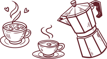 Coffee and moka pot outlines vector set on transparent background. Morning drink cafe beverage doodle art. Coffee break illustration drawing.