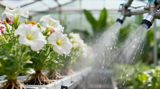 Close view of aeroponic irrigation creating fine mist over blossoming flowers in greenhouse setting emphasizing sustainable floriculture techniques.