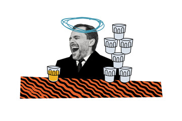 Creative collage picture businessman drink alcohol beer whiskey glasses empty cheers party pub bar...