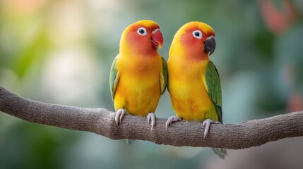 Colorful Tropical Birds Sitting Side by Side on Branch in Lush Green Environment, Perfect for Nature and Wildlife Imagery