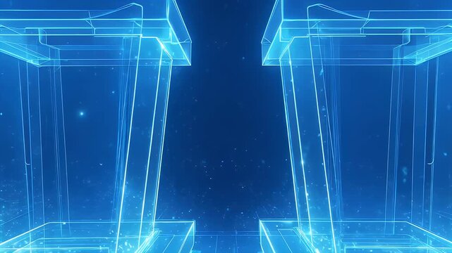Two blue transparent structures, each with a platform, rising to a rectangular top. The background is a gradient blue with small, floating dots