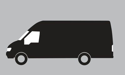 Black Delivery Van Silhouette Icon, Minimalist Vector Illustration on Grey Background