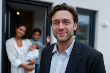A confident man smiling at the camera while his supportive partner and their baby appear joyfully in the background, representing a moment of pride and family love.