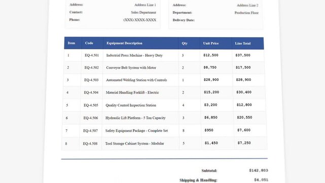 Equipment purchase order form with industrial machinery pricing and totals