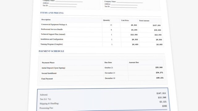 Purchase agreement contract with payment schedule and terms breakdown display