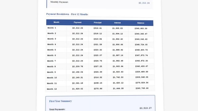 Mortgage payment schedule with amortization breakdown and interest calculation display