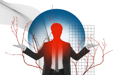 Creative collage photo young businessman incognito face two hands select decide choose side mental...