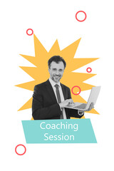 Vertical poster collage businessman laptop browsing experience skills coaching session education...
