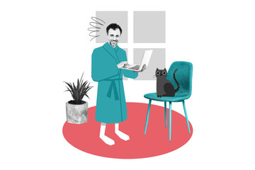 Composite photo collage of happy businessman freelancer hold laptop remote home work kitty pet...