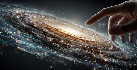 A hand reaching toward a swirling galaxy, representing astronomy and scientific discovery. Great for space research visuals, educational materials, and futuristic technology campaigns.