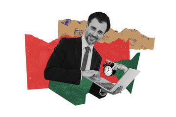 Composite creative art collage of happy businessman freelancer hold laptop hand point alarm clock...
